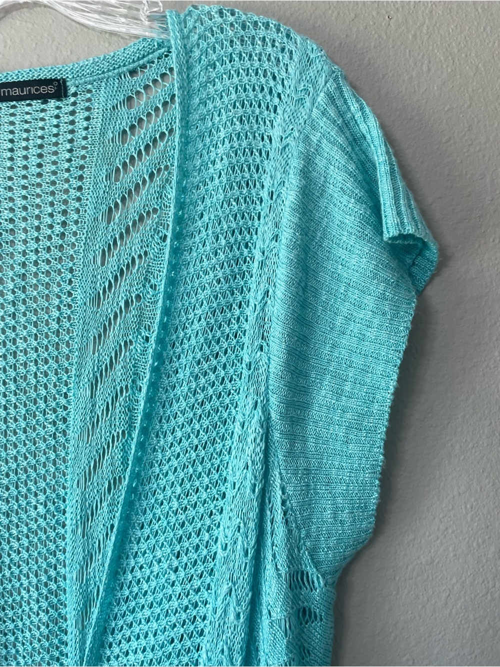 Maurices turquoise open-knit short-sleeve duster/cardigan Size 1 - Picture 5 of 9